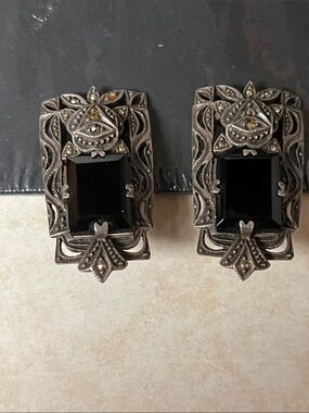 Vintage-Style Black Onyx,& Silver Tone Decorative earrings